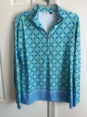 Talbots x Cabana Life Turquoise & Aqua Geometric Quarter-Zip Pullover L